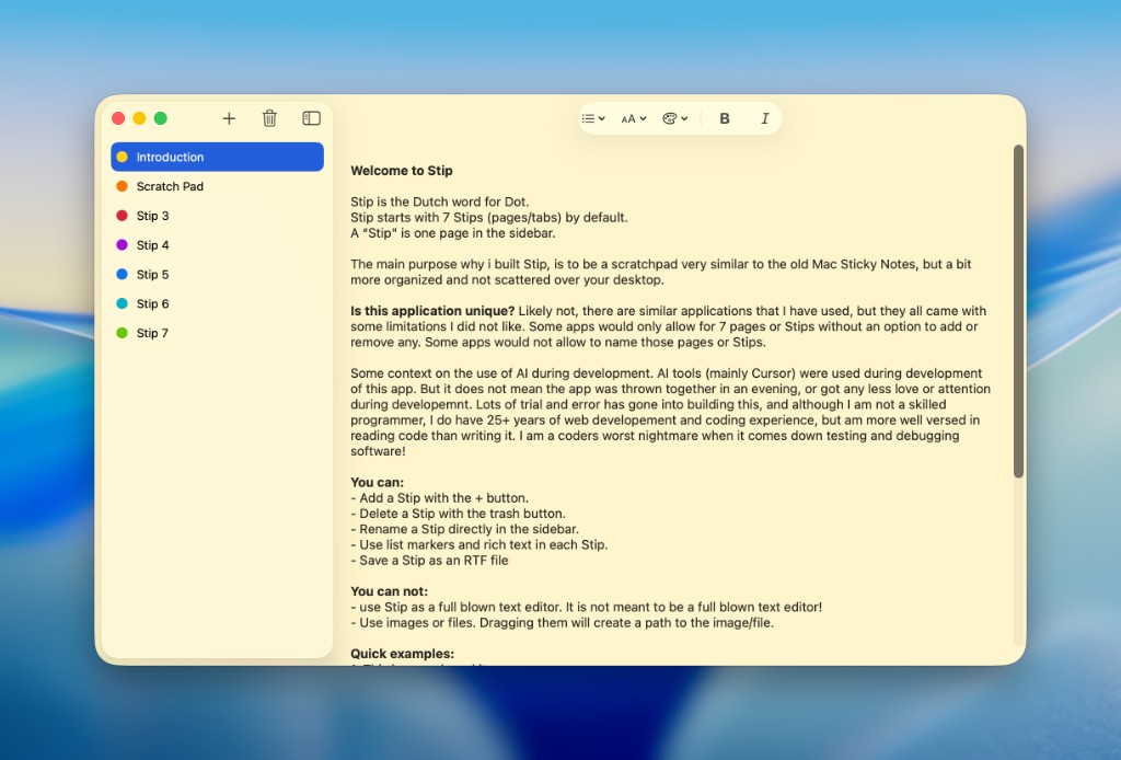 Stip on macOS showing multiple color-coded Stips in the sidebar and an Introduction note in the editor